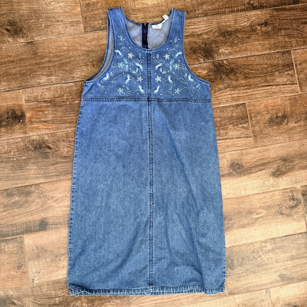 Sunshine Apparel Vintage Embroidered Floral Pinafore Denim Midi Dress, Blue, 1X